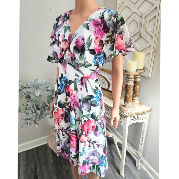 Maggy London White Floral Capelet Sleeves Flowy Chiffon VNeck Midi Dress - Picture 1 of 10